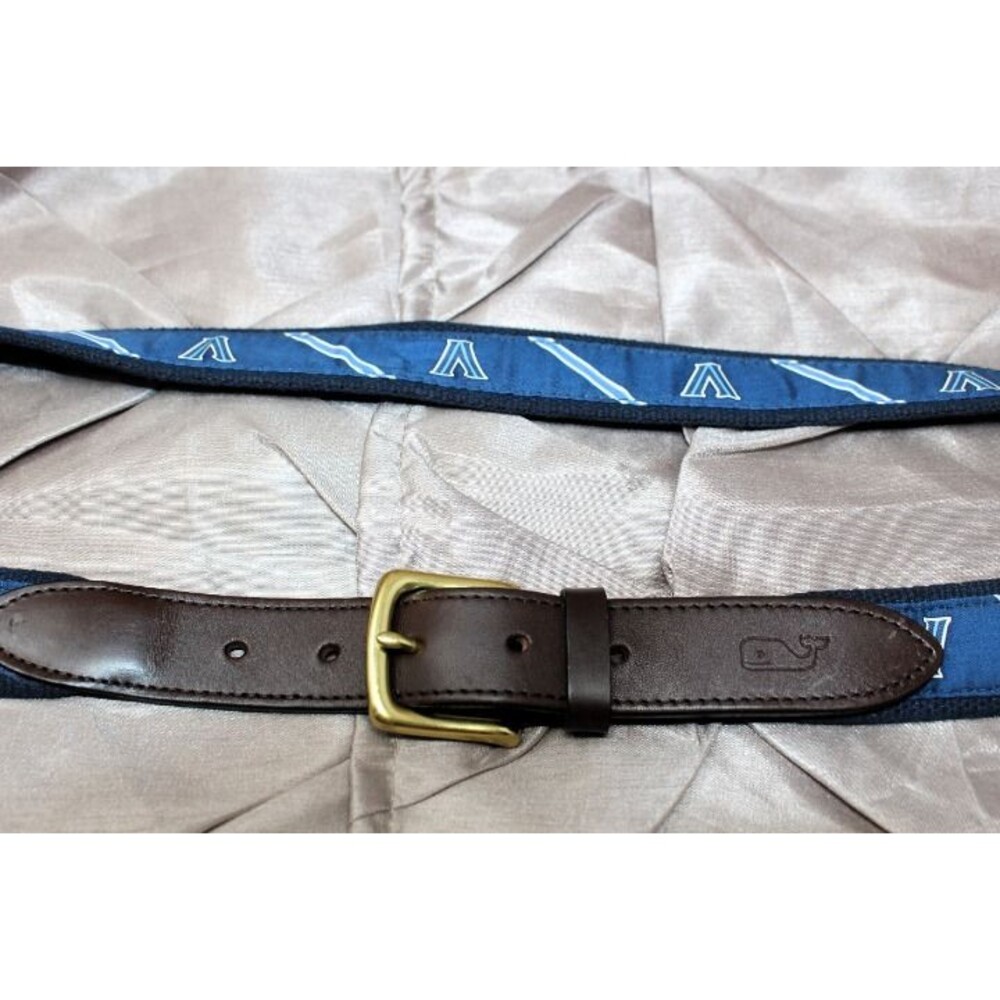 VINYARD VINES Silk & Canvas VV Logo Navy Blue Men's Belt Size 38 EUC!